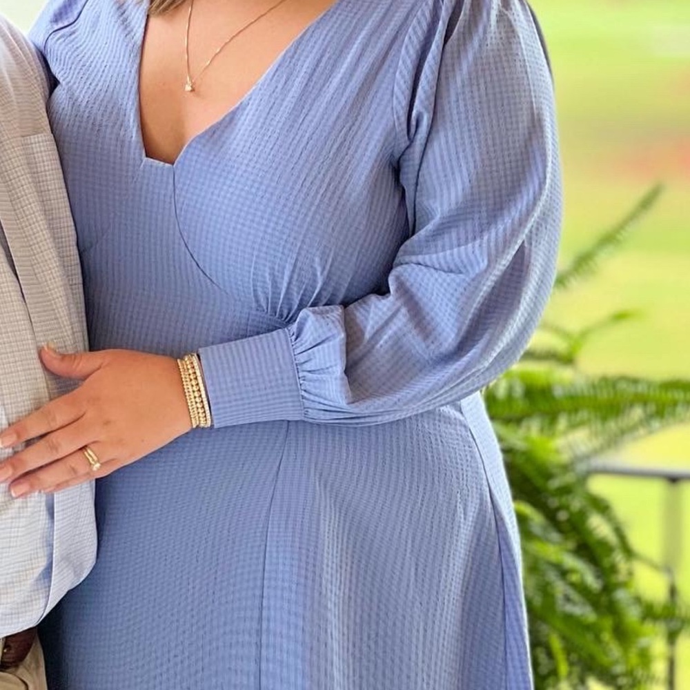 ARULA Blue A-Line Bishop Sleeve V-Neck Dress